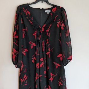 Calvin Klein Red and Black Long Sheer Sleeve Dress